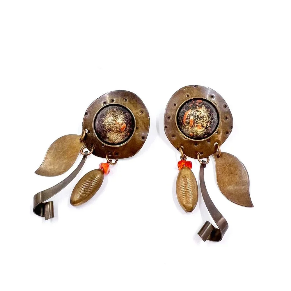 NWOT - Artisan BOHO Brass Tone Textured Metal Dangle Post Earrings - Picture 1 of 6
